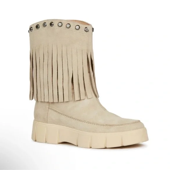 New! GEOX Ghoula Fringe Studded Suede Platform Booties in Taupe - Picture 2 of 13